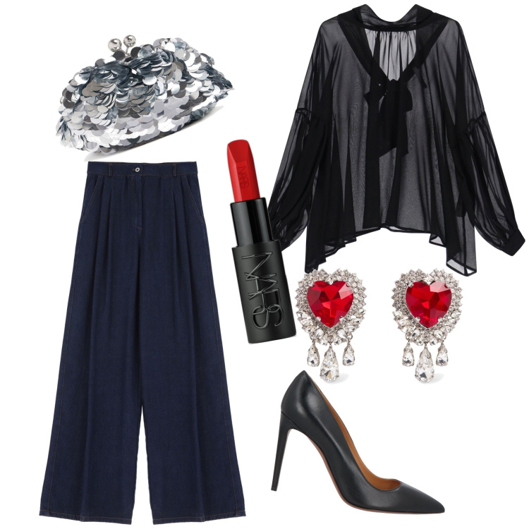 Outfit donna - In pantaloni ma wow. Stile Chic per Serata fuori. Abbinamento con décolleté, rossetti, pantaloni, camicie, pochette, orecchini.
