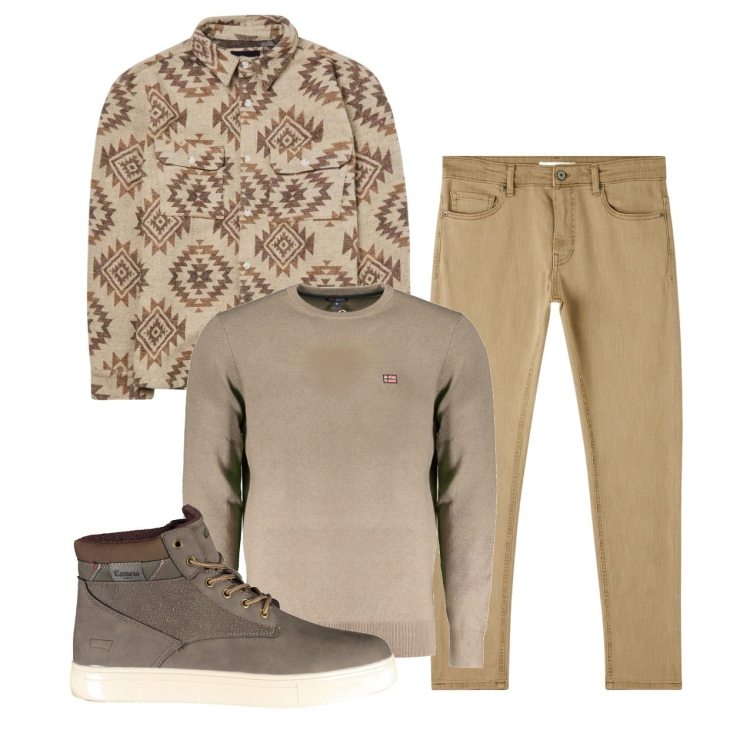 Outfit uomo - Toni caldi. Stile Trendy per Tutti i giorni. Abbinamento con cappotti, pantaloni skinny, stivali, maglieria.