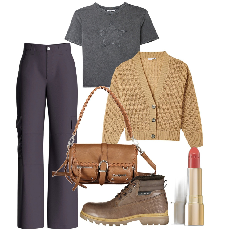 Outfit donna - Cargo chic. Stile Urban per Tutti i giorni. Abbinamento con rossetti, t-shirt, pantaloni cargo, cardigans, stivali, borse a spalla.