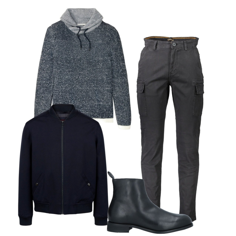 Outfit uomo - Pullover con il cappuccio. Stile Urban per Tutti i giorni. Abbinamento con maglieria, stivali e stivaletti, bomber, pantaloni.