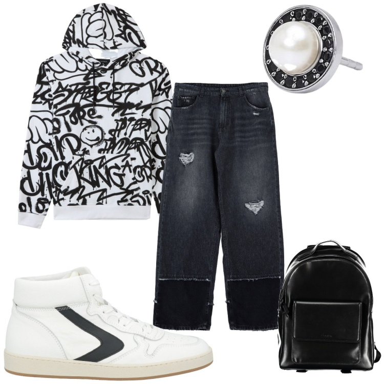 Outfit uomo - Total look #1990471. Stile Urban per Tutti i giorni. Abbinamento con sneakers alte, felpe con cappuccio, orecchini, jeans, borse sportive.
