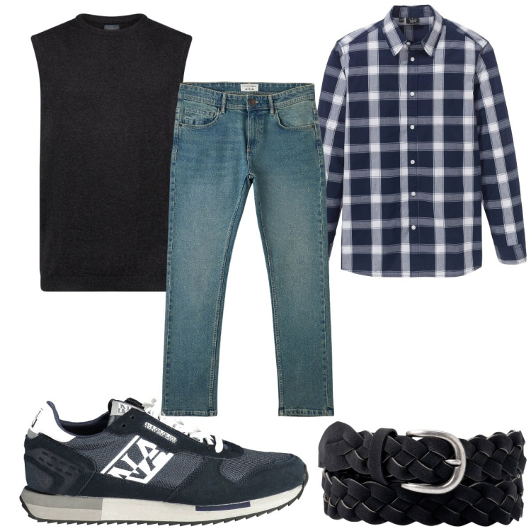 Outfit uomo - Total look #1990473. Stile Trendy per Tutti i giorni. Abbinamento con camicie, jeans, gilet, cinture, sneakers.