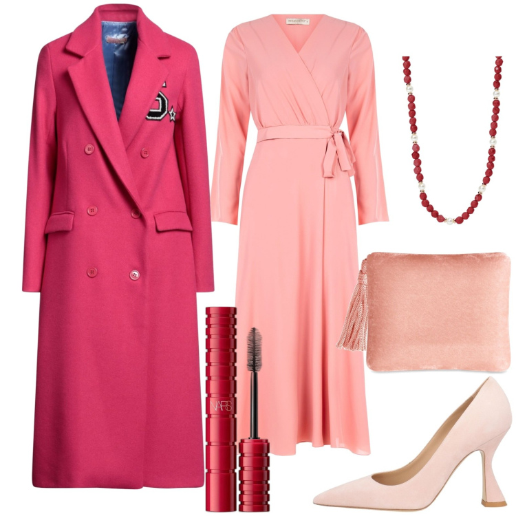 Outfit donna - Total look #1990474. Stile Chic per Serata fuori. Abbinamento con cappotti, décolleté, mascara, collane, vestiti chemisier, pochette.