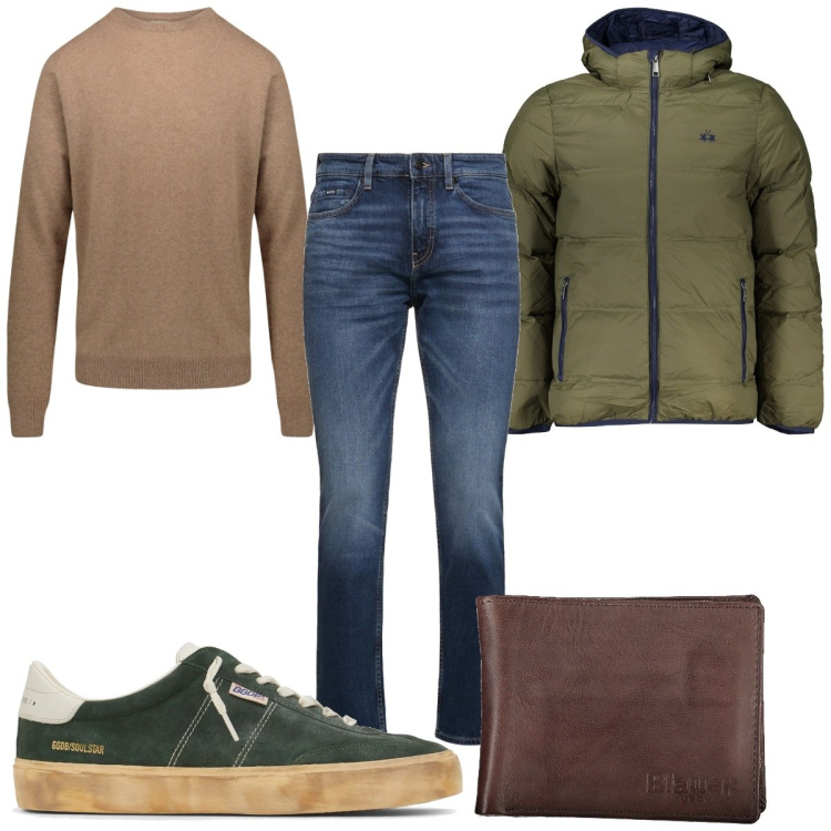 Outfit uomo - Total look #1990478. Stile Casual per Tutti i giorni. Abbinamento con maglieria, giacche, jeans, portafogli, sneakers.