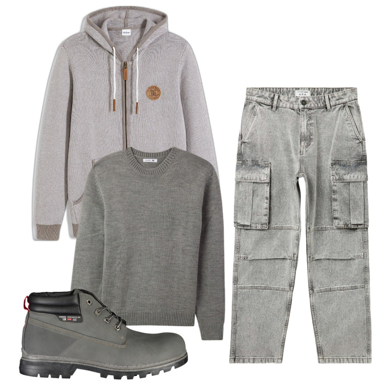 Outfit uomo - Cargo jeans. Stile Urban per Tutti i giorni. Abbinamento con cardigans, maglieria, jeans, stivali.