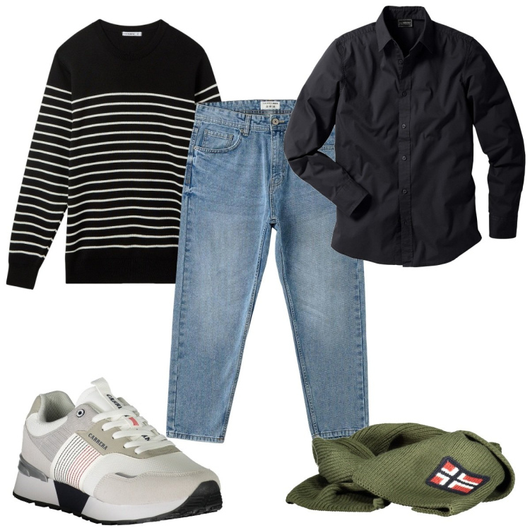 Outfit uomo - Total look #1990483. Stile Casual per Tutti i giorni. Abbinamento con camicie, jeans, maglieria, sciarpe, sneakers.