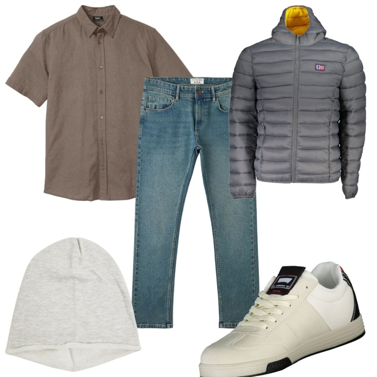 Outfit uomo - Total look #1990487. Stile Casual per Tutti i giorni. Abbinamento con camicie a manica corta, jeans, berretti, sneakers, giacche.