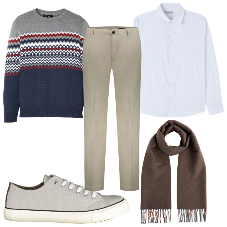 Outfit uomo - Total look #1990489. Stile Casual per Tutti i giorni. Abbinamento con maglieria, camicie, sciarpe, pantaloni, sneakers.
