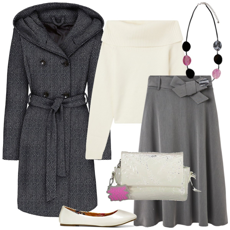 Outfit donna - Total look #1990494. Stile Bon Ton per Tutti i giorni. Abbinamento con ballerine, cappotti, gonne lunghe, maglieria, collane, borse a tracolla.