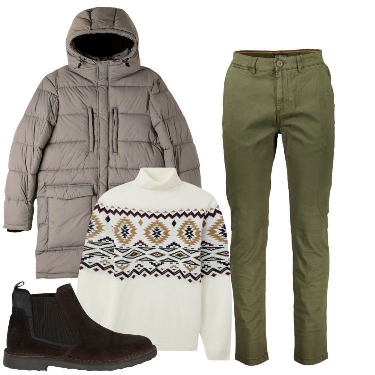 Outfit uomo - Fine settimana in montagna. Stile Casual per Tutti i giorni. Abbinamento con stivali e stivaletti, maglieria, piumini, pantaloni.