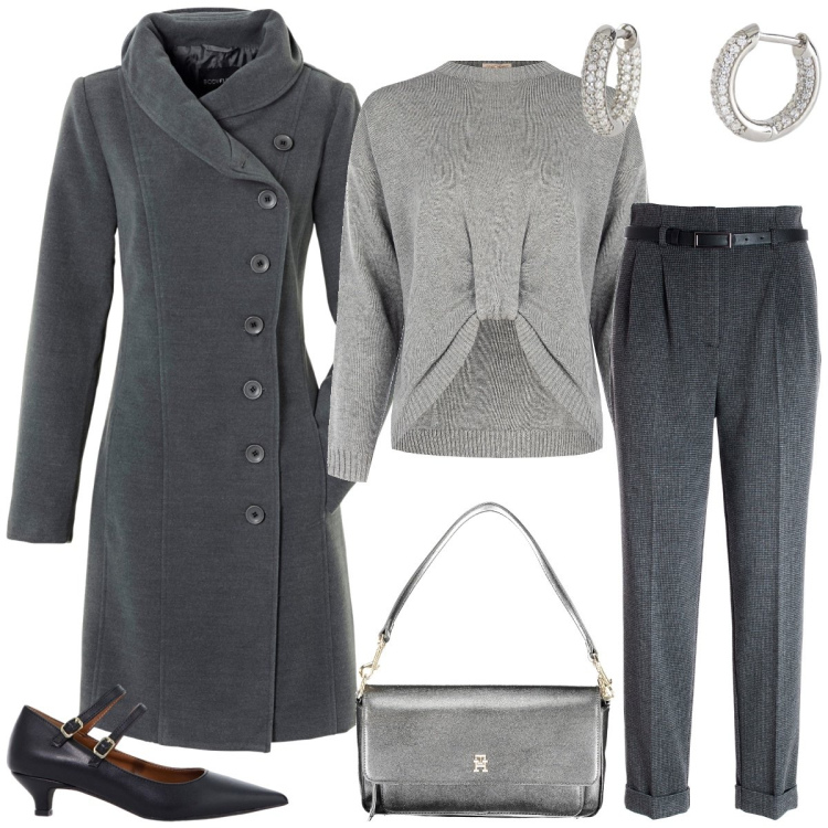 Outfit donna - Total look #1990498. Stile Chic per Tutti i giorni. Abbinamento con cappotti, orecchini, maglieria, pantaloni, décolleté, borse a spalla.