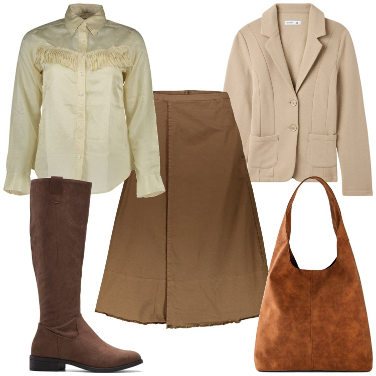 Outfit donna - Total look #1990499. Stile Trendy per Tutti i giorni. Abbinamento con stivali, shopping bag, blazer, gonne lunghe, camicie.