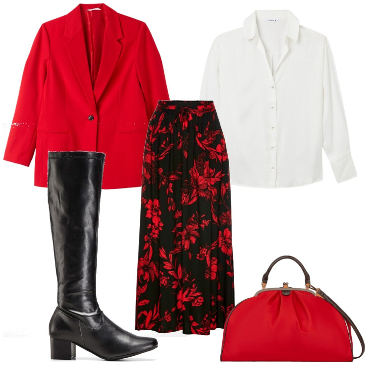 Outfit donna - Total look #1990503. Stile Trendy per Tutti i giorni. Abbinamento con gonne lunghe, stivali, blazer, camicie, borse a spalla.