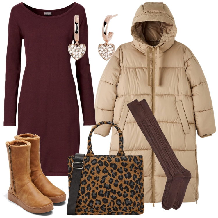 Outfit donna - Basta poco. Stile Minimal per Tutti i giorni. Abbinamento con vestiti lunghi, stivali, shopping bag, piumini, orecchini, collant.