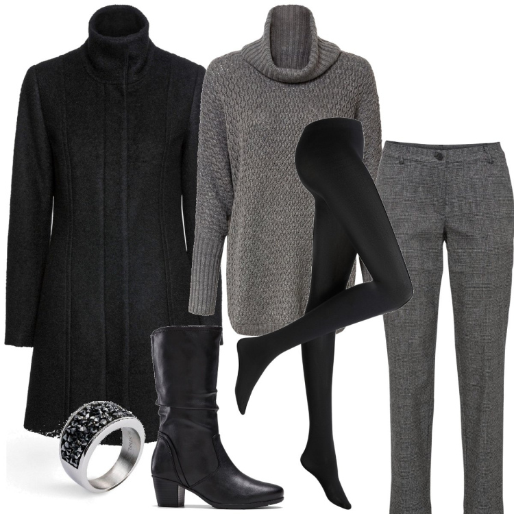 Outfit donna - Total look #1990512. Stile Casual chic per Tutti i giorni. Abbinamento con stivali, collant, pantaloni, maglieria, cappotti, anelli.