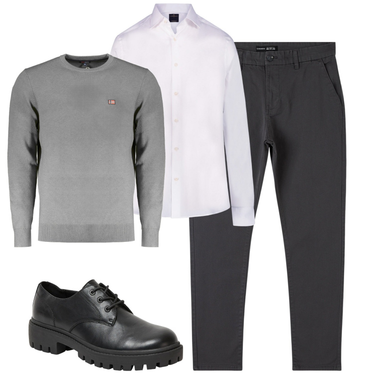 Outfit uomo - Ufficio. Stile Urban per Tutti i giorni. Abbinamento con pantaloni chino, scarpe stringate, camicie, maglieria.