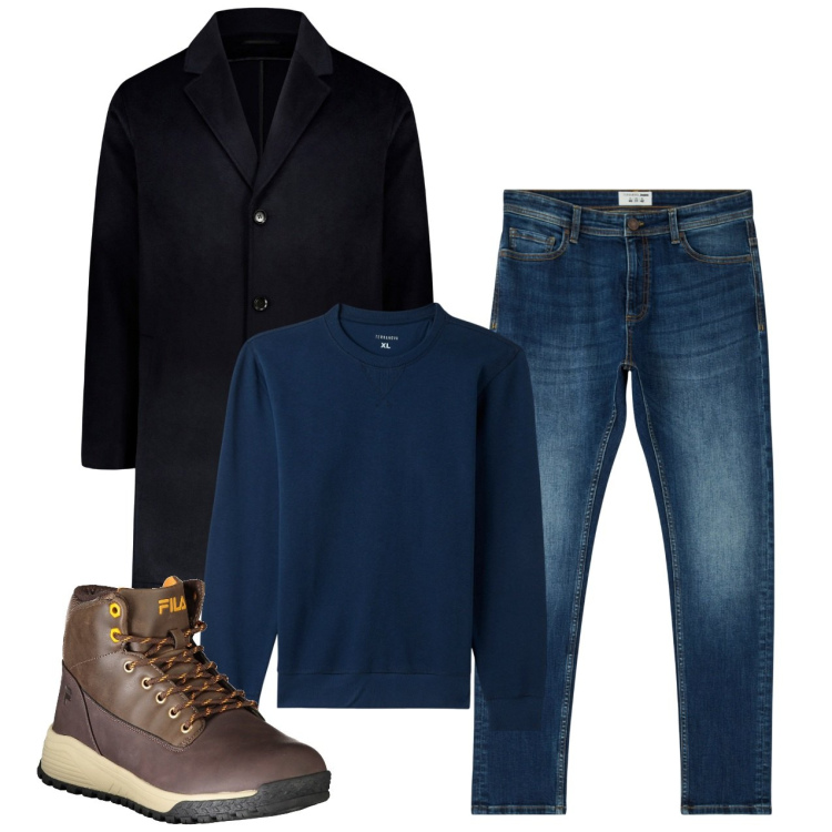 Outfit uomo - Il cappottone. Stile Urban per Tutti i giorni. Abbinamento con jeans skinny, felpe, cappotti, stivali.