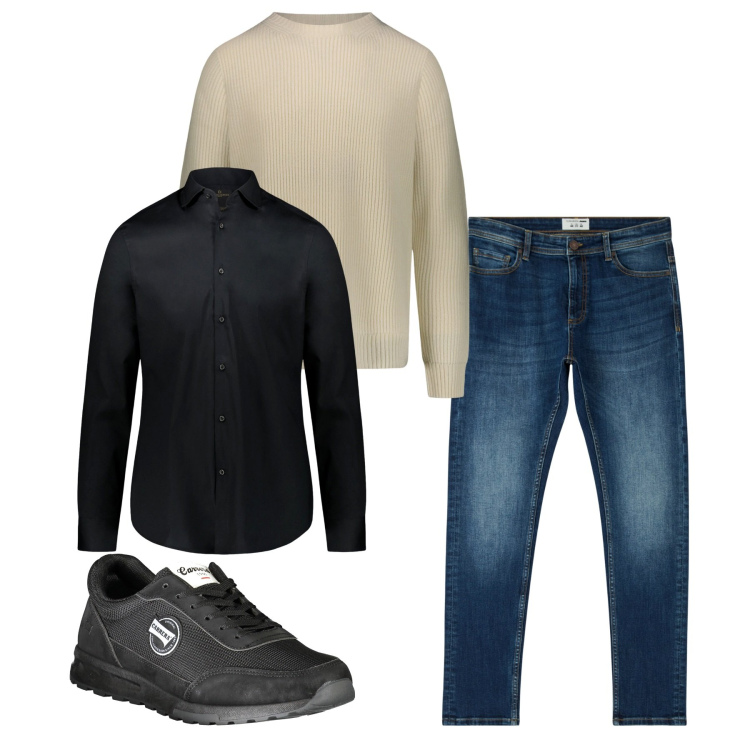 Outfit uomo - Nero e beige. Stile Casual per Tutti i giorni. Abbinamento con jeans skinny, camicie, maglieria, sneakers.