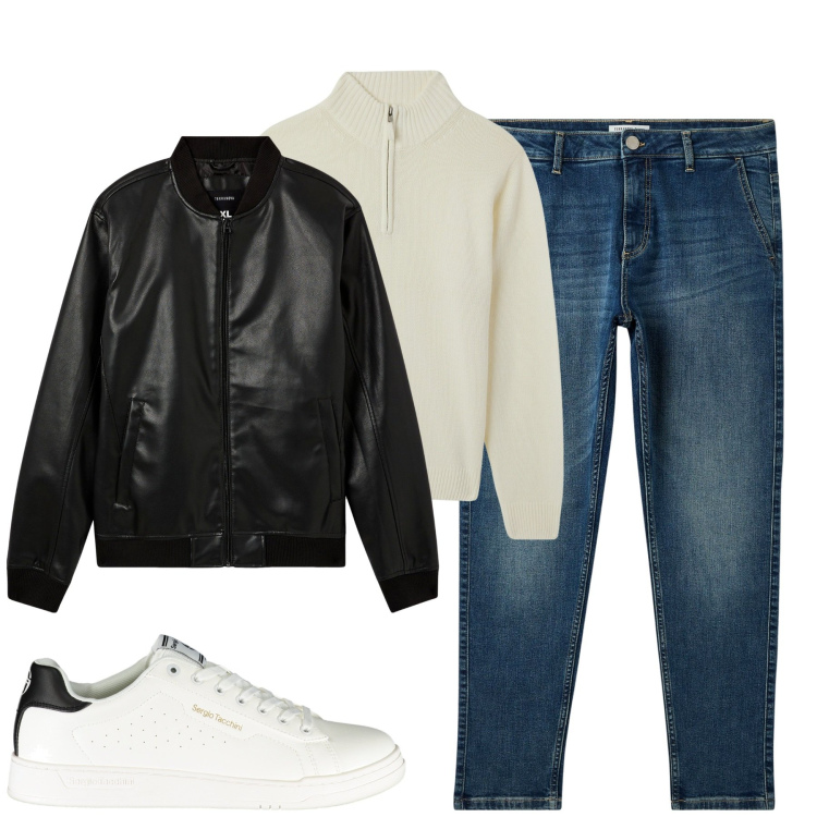 Outfit uomo - Total look #1990559. Stile Urban per Tutti i giorni. Abbinamento con bomber, maglieria, jeans, sneakers.