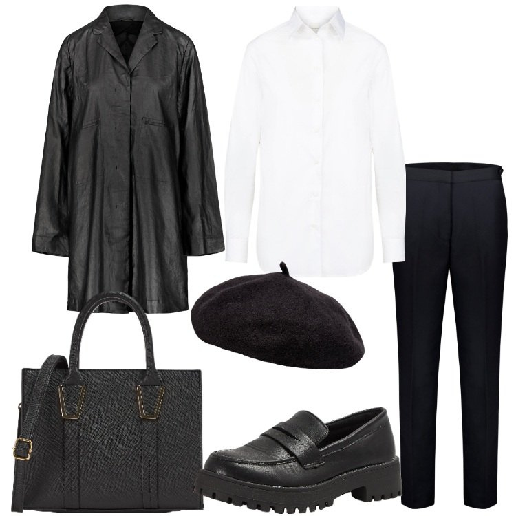Outfit donna - Mannish con lo spolverino. Stile Mannish per Ufficio. Abbinamento con shopping bag, mocassini, pantaloni, trench, cappelli e berretti, camicie.