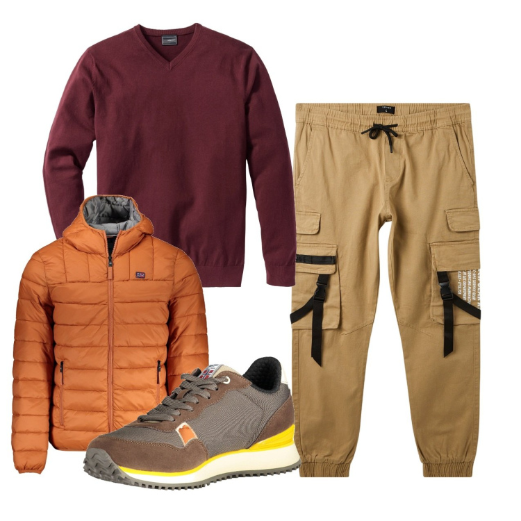Outfit uomo - Colors. Stile Urban per Tutti i giorni. Abbinamento con maglieria, pantaloni cargo, sneakers, giacche.