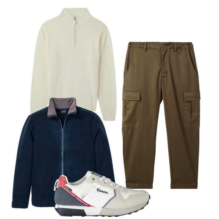 Outfit uomo - City. Stile Trendy per Tutti i giorni. Abbinamento con giacche, maglieria, pantaloni cargo, sneakers.