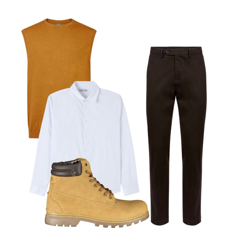 Outfit uomo - City. Stile Casual per Tutti i giorni. Abbinamento con camicie, pantaloni chino, gilet, stivali.