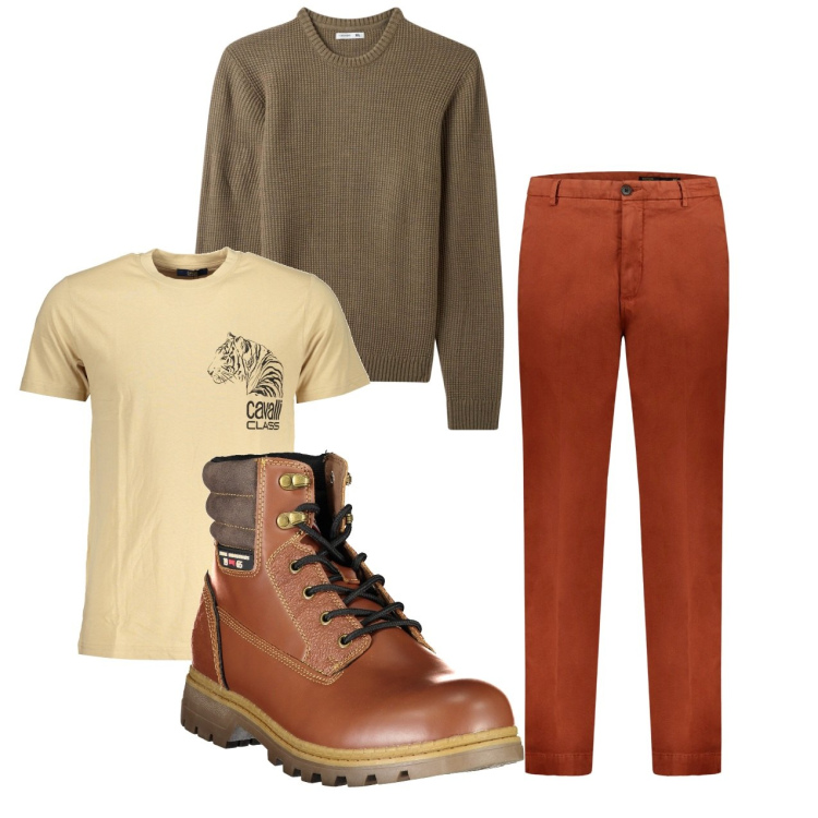 Outfit uomo - City. Stile Trendy per Tutti i giorni. Abbinamento con maglieria, pantaloni, stivali, t-shirt.