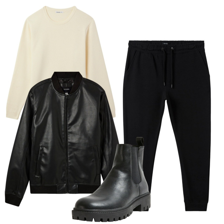 Outfit uomo - Dark city. Stile Urban per Tutti i giorni. Abbinamento con stivali e stivaletti, maglieria, bomber, pantaloni.