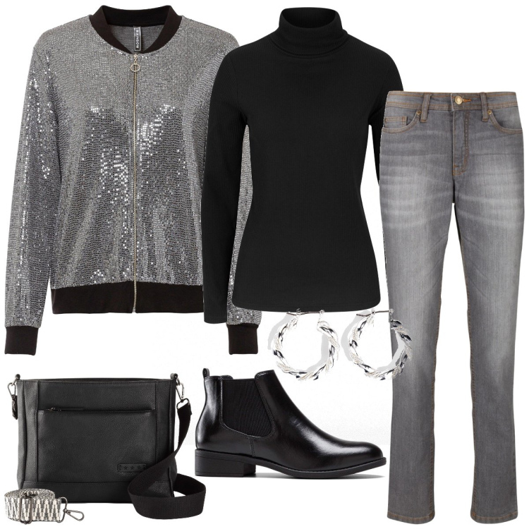 Outfit donna - Total look #1990600. Stile Casual per Tutti i giorni. Abbinamento con jeans mom, stivaletti chelsea, maglieria, borse a tracolla, orecchini, bomber.
