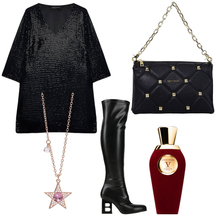 Outfit donna - Dolcetto o scherzetto?. Stile Glamour per Serata fuori. Abbinamento con stivali, profumi, collane, borse a spalla, vestiti corti.