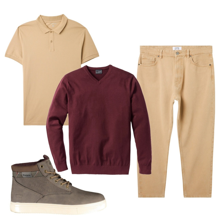 Outfit uomo - Vino. Stile Casual per Tutti i giorni. Abbinamento con maglieria, pantaloni, polo, stivali.