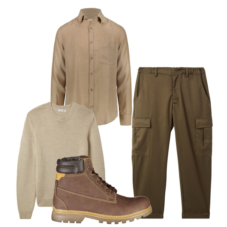 Outfit uomo - City. Stile Urban per Tutti i giorni. Abbinamento con maglieria, pantaloni cargo, camicie, stivali.