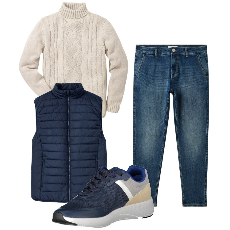 Outfit uomo - City. Stile Casual per Tutti i giorni. Abbinamento con maglieria, gilet, jeans, sneakers.