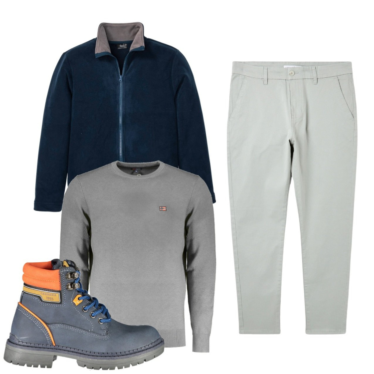 Outfit uomo - City. Stile Casual per Tutti i giorni. Abbinamento con giacche, pantaloni chino, stivali, maglieria.