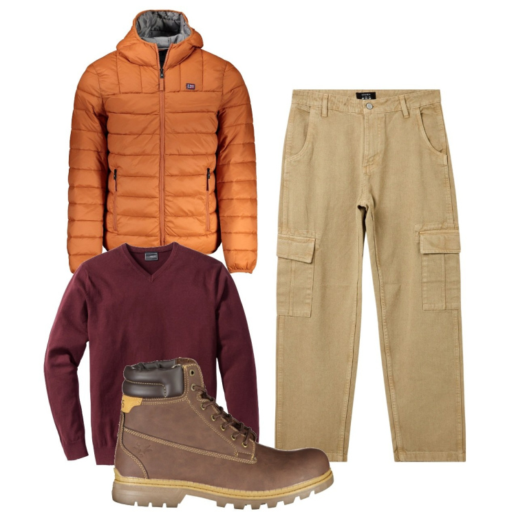 Outfit uomo - City. Stile Urban per Tutti i giorni. Abbinamento con maglieria, pantaloni cargo, stivali, giacche.