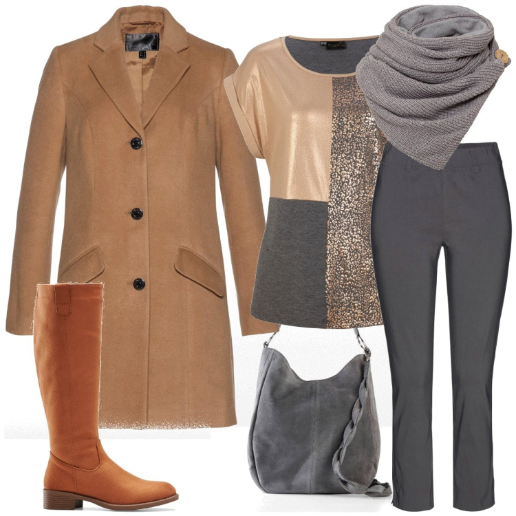 Outfit donna - Total look #1990631. Stile Casual per Tutti i giorni. Abbinamento con foulard, stivali, borse a mano, maglieria, pantaloni, cappotti.