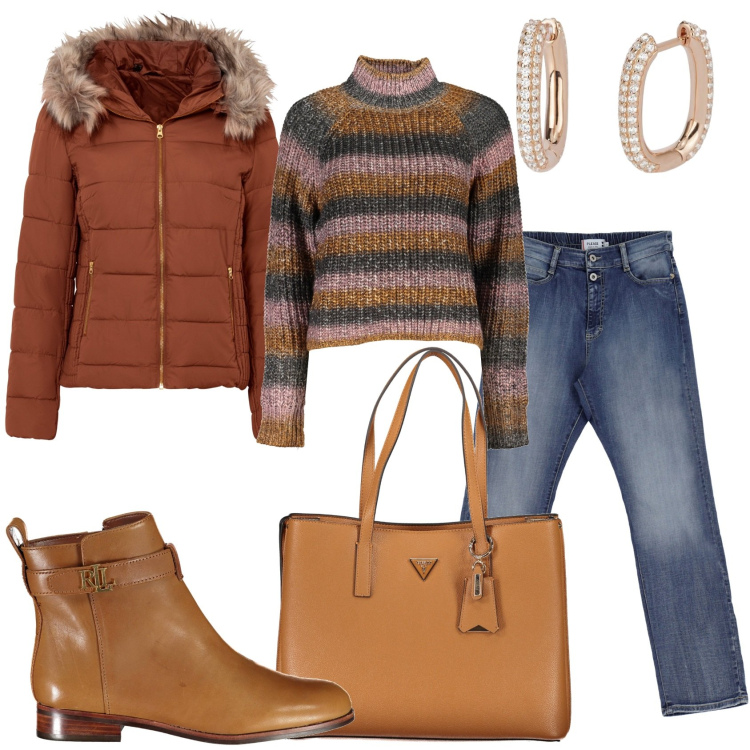 Outfit donna - Per la città e altro. Stile Trendy per Tutti i giorni. Abbinamento con giacche, orecchini, jeans dritti, maglieria, stivali, borse a spalla.