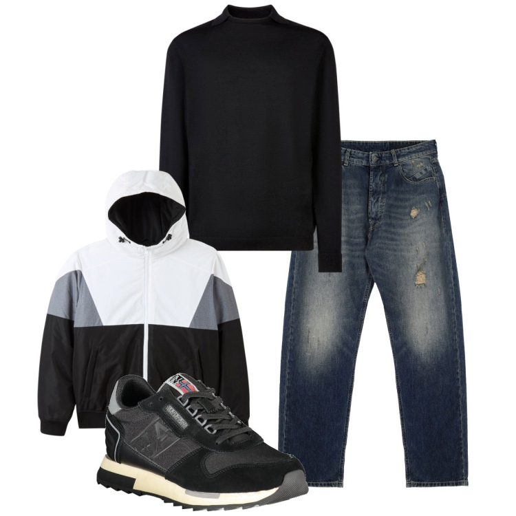 Outfit uomo - City. Stile Urban per Tutti i giorni. Abbinamento con giacche, jeans strappati, maglieria, sneakers.