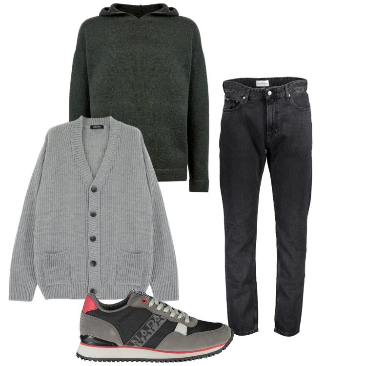 Outfit uomo - City. Stile Trendy per Tutti i giorni. Abbinamento con cardigans, maglieria, sneakers, jeans.