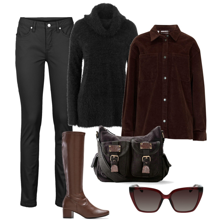 Outfit donna - Skynny e giacca a camicia oversize. Stile Urban per Tutti i giorni. Abbinamento con jeans skinny, stivali, cappotti, maglieria, borse a tracolla, occhiali da sole.