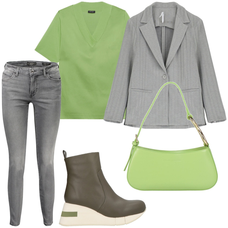 Outfit donna - La maglia verde mela. Stile Casual chic per Ufficio. Abbinamento con stivaletti, borse a mano, blazer, maglieria, jeans.