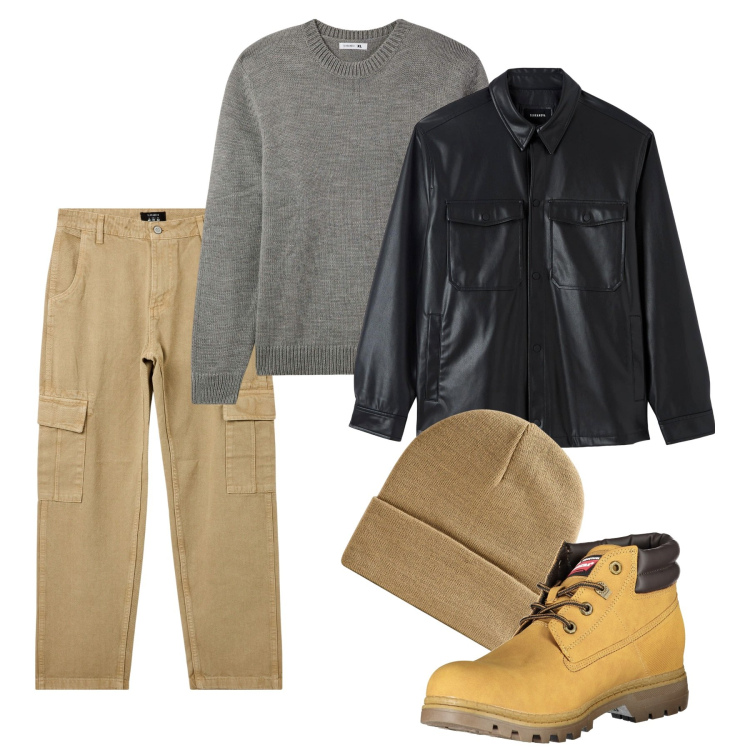 Outfit uomo - In centro. Stile Casual per Tutti i giorni. Abbinamento con maglieria, cappotti, berretti, pantaloni cargo, stivali.