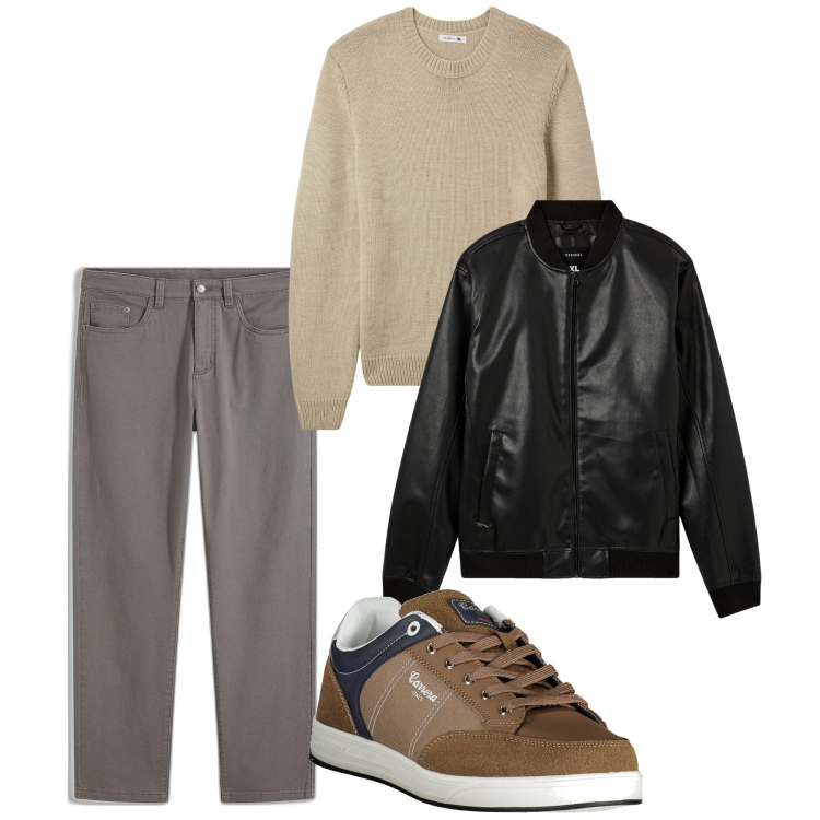 Outfit uomo - Ottobre. Stile Casual per Tutti i giorni. Abbinamento con pantaloni, bomber, maglieria, sneakers.
