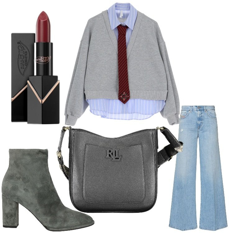 Outfit donna - Cravatta per me. Stile Mannish per Ufficio. Abbinamento con stivaletti, rossetti, felpe, jeans, borse a tracolla.