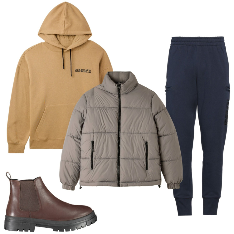 Outfit uomo - Aria fredda. Stile Urban per Tutti i giorni. Abbinamento con pantaloni, felpe con cappuccio, piumini, stivali.