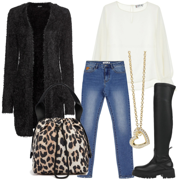 Outfit donna - Il cardigan black. Stile Casual per Ufficio. Abbinamento con cardigans, stivali, collane, camicie, jeans skinny, borse a mano.