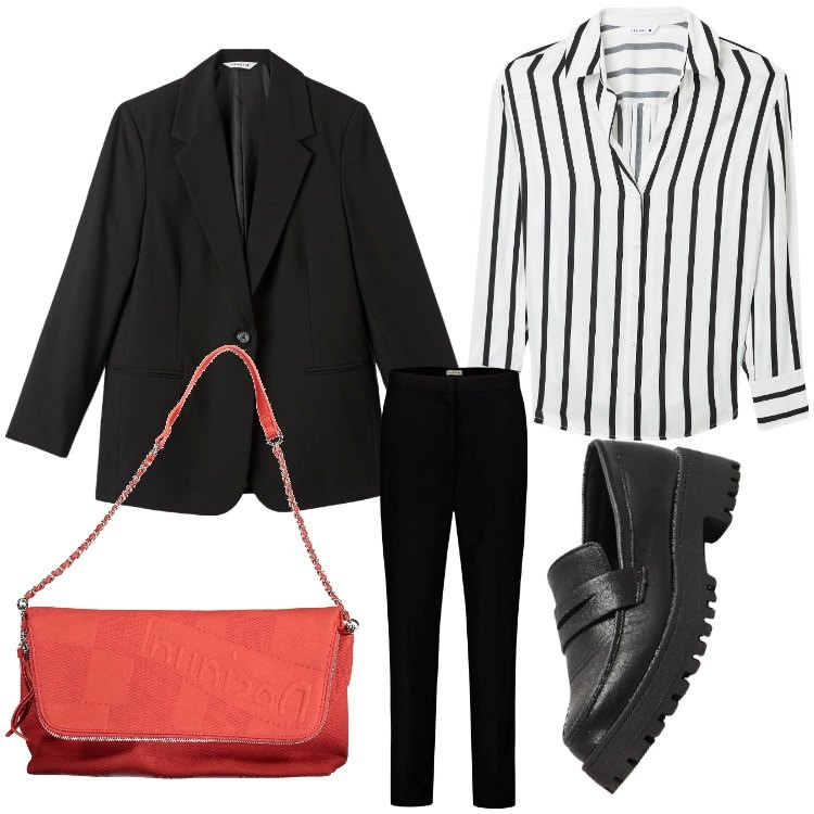 Outfit donna - Righe in ufficio. Stile Casual chic per Ufficio. Abbinamento con mocassini, blazer, camicie, pantaloni, borse a mano.