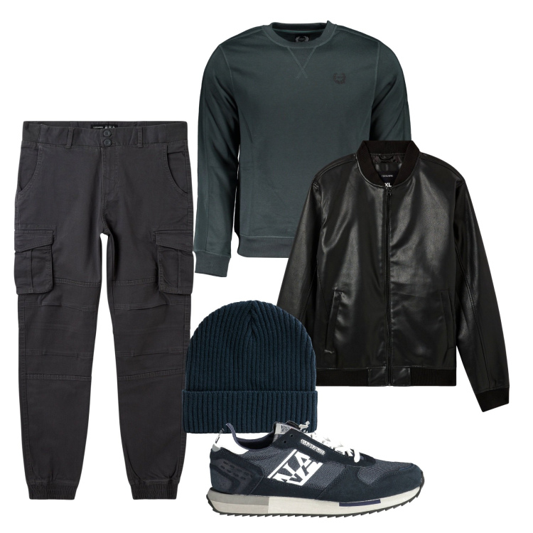 Outfit uomo - Black city. Stile Urban per Tutti i giorni. Abbinamento con bomber, pantaloni cargo, berretti, sneakers, felpe.