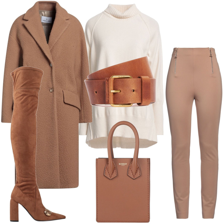 Outfit donna - Il marrone chiaro. Stile Casual per Ufficio. Abbinamento con leggings, cappotti, stivali sopra il ginocchio, maglieria, borse a mano, cinture.